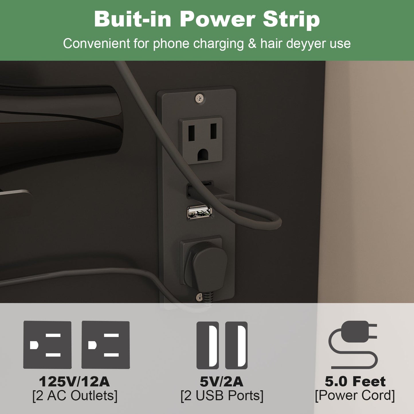 Coiffeuse avec miroir lumineux et prise électrique 