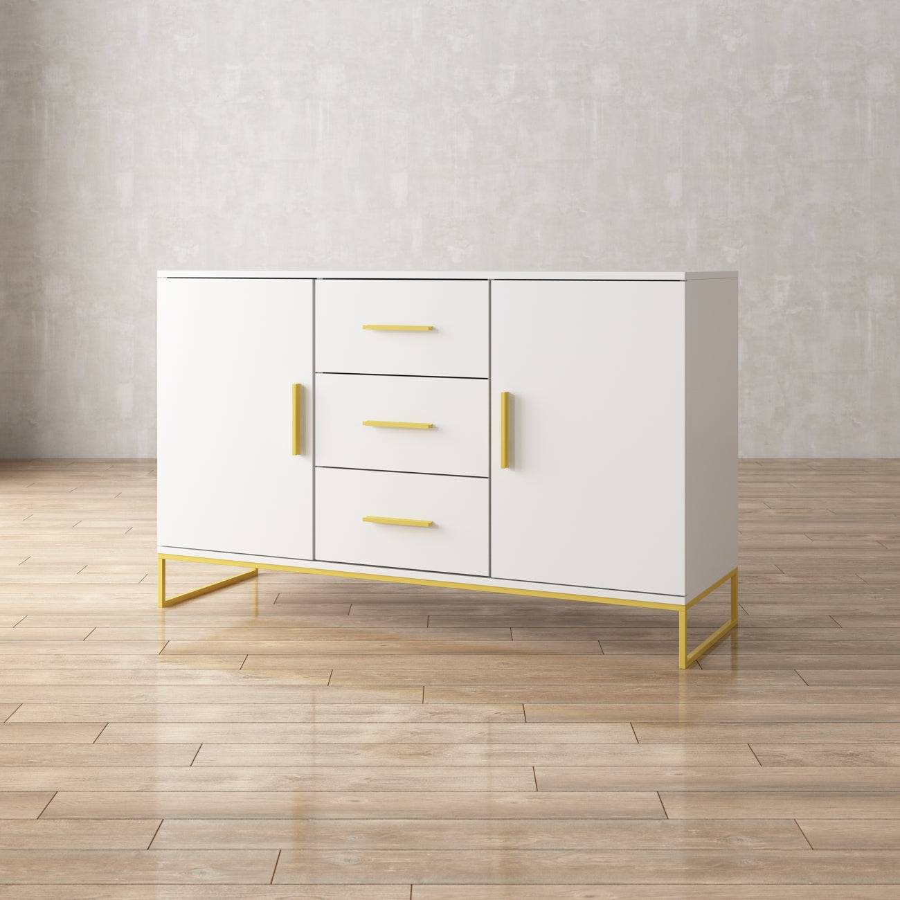 Meuble de rangement à 3 tiroirs et 2 portes, pieds en métal, pour salle à manger et salon