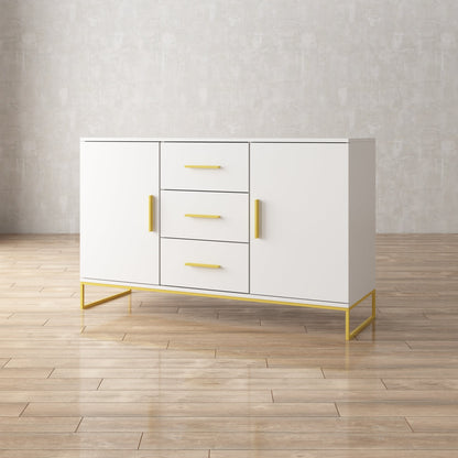 Meuble de rangement à 3 tiroirs et 2 portes, pieds en métal, pour salle à manger et salon