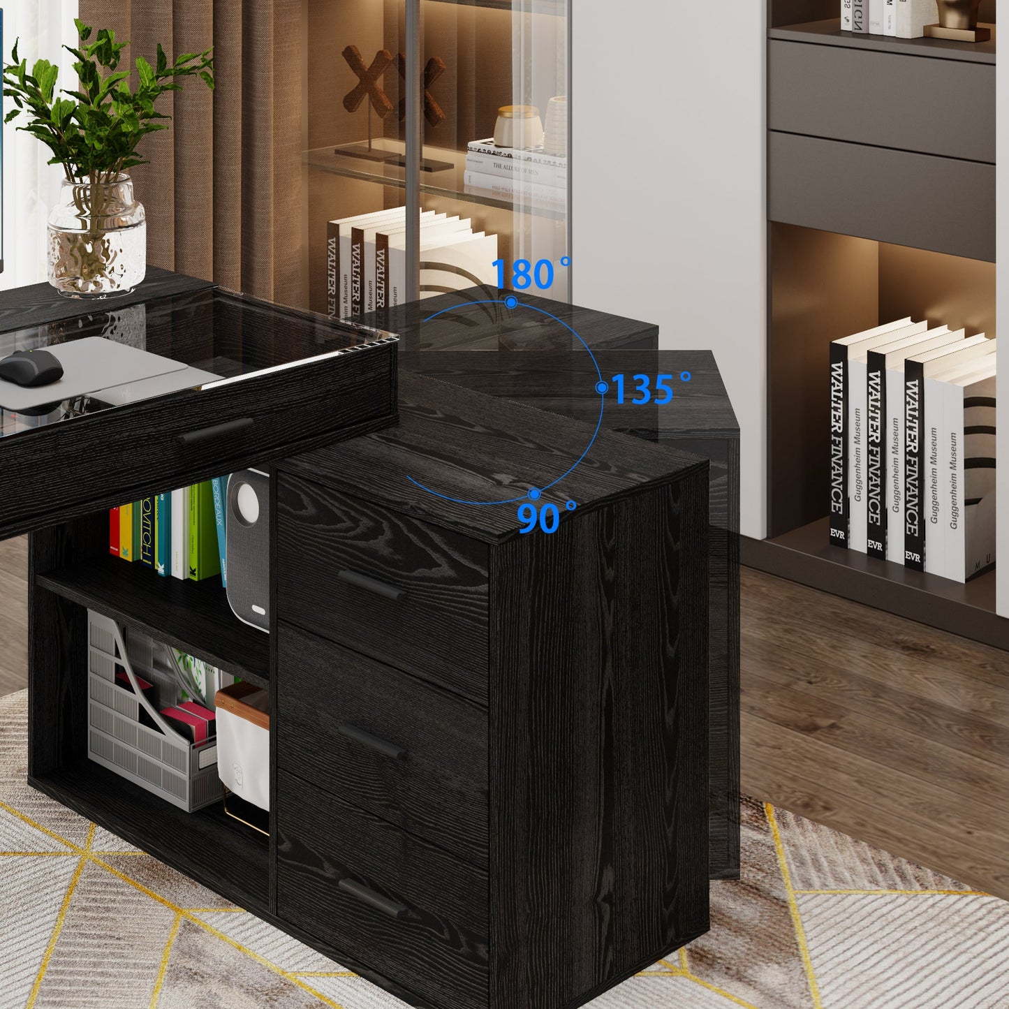 Bureau d'ordinateur à 5 tiroirs de 149 cm de large avec plateau en verre