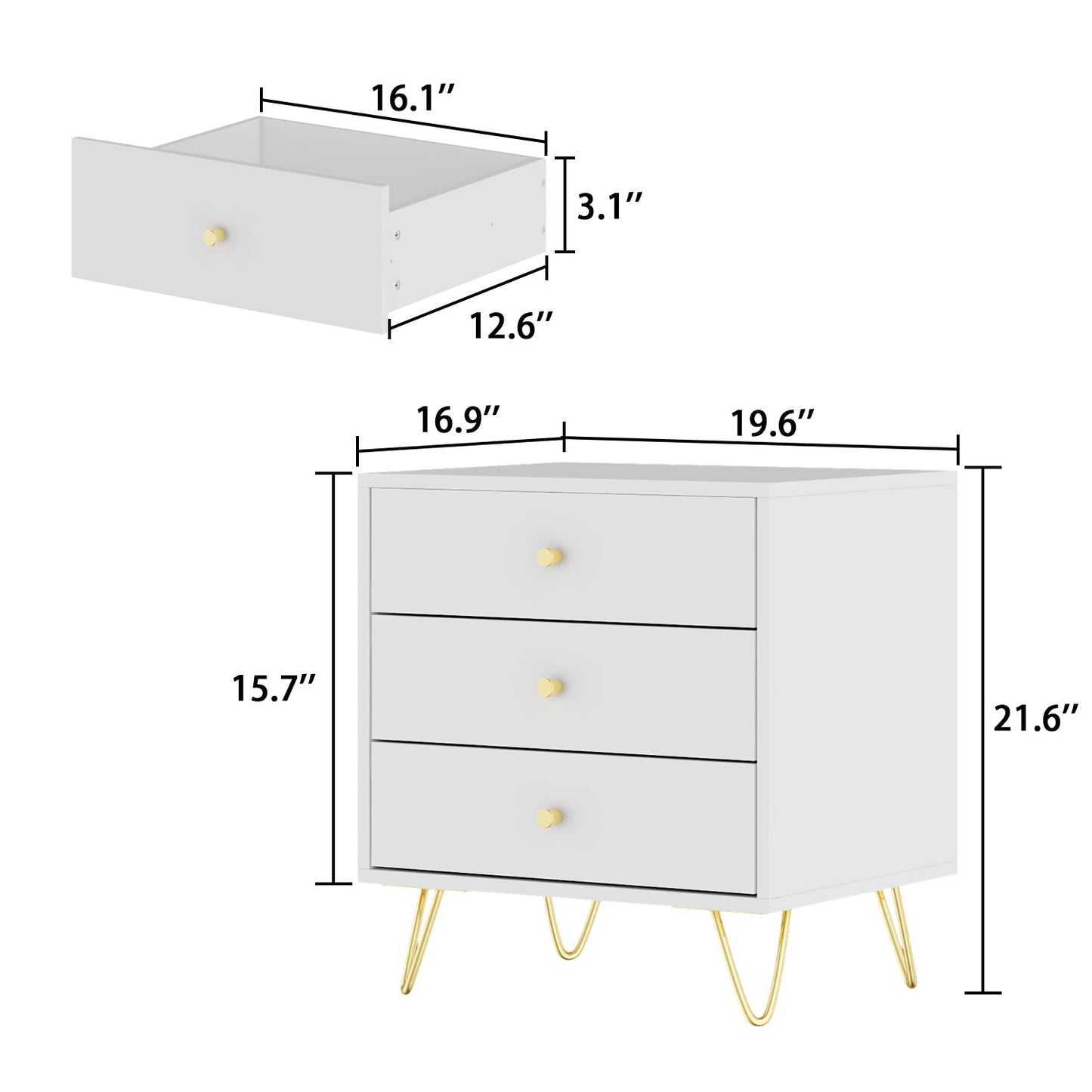 Table de chevet moderne avec pieds en bois massif, table d'appoint minimaliste et polyvalente à 3 tiroirs