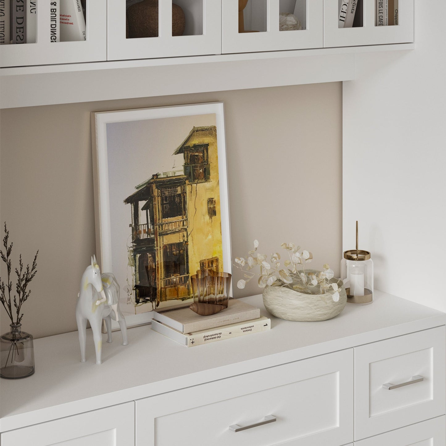 Bibliothèque à 11 tiroirs avec portes vitrées, 78,7 po H x 110 po L