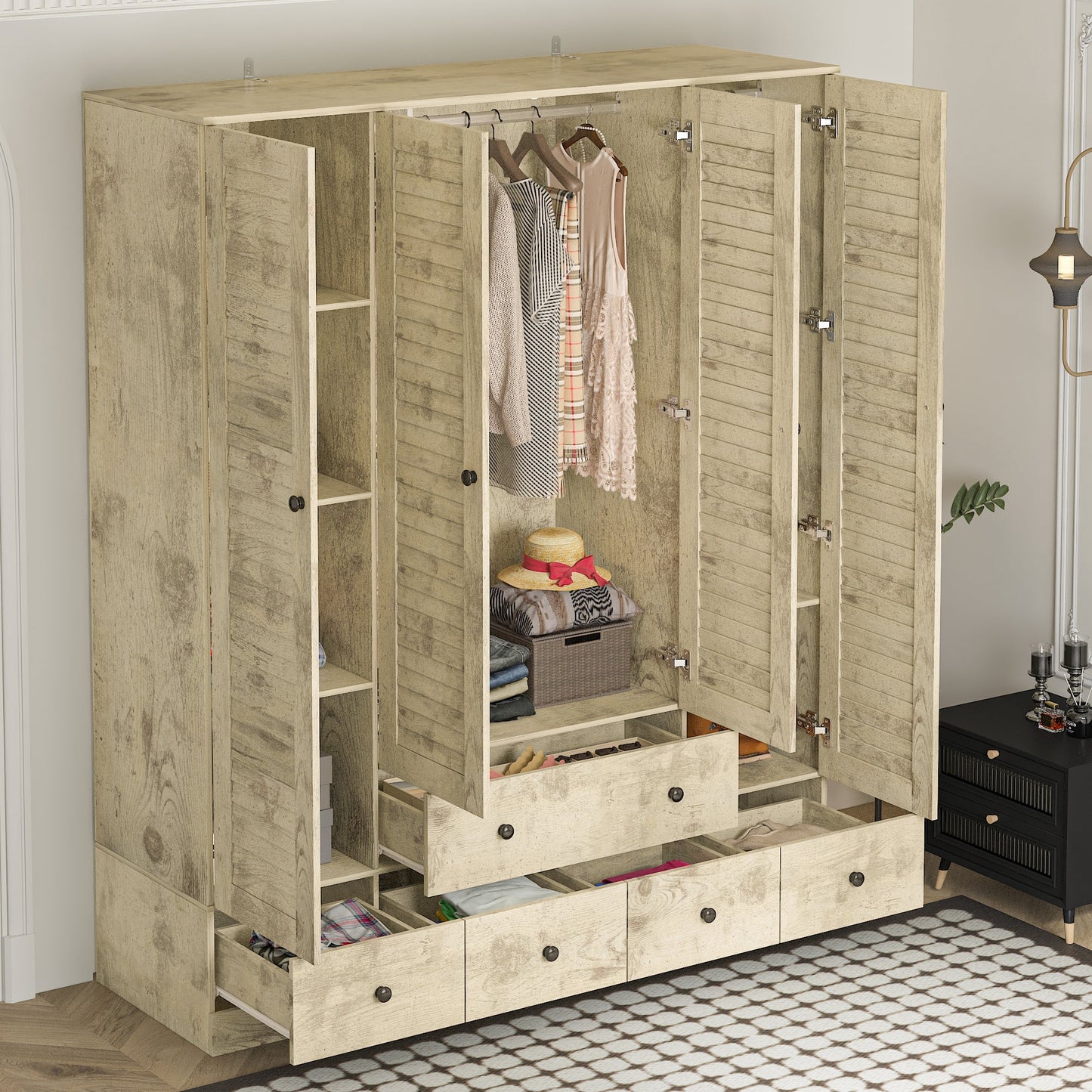 Grande armoire-penderie pour chambre à coucher, meuble de rangement à 4 portes et 5 tiroirs