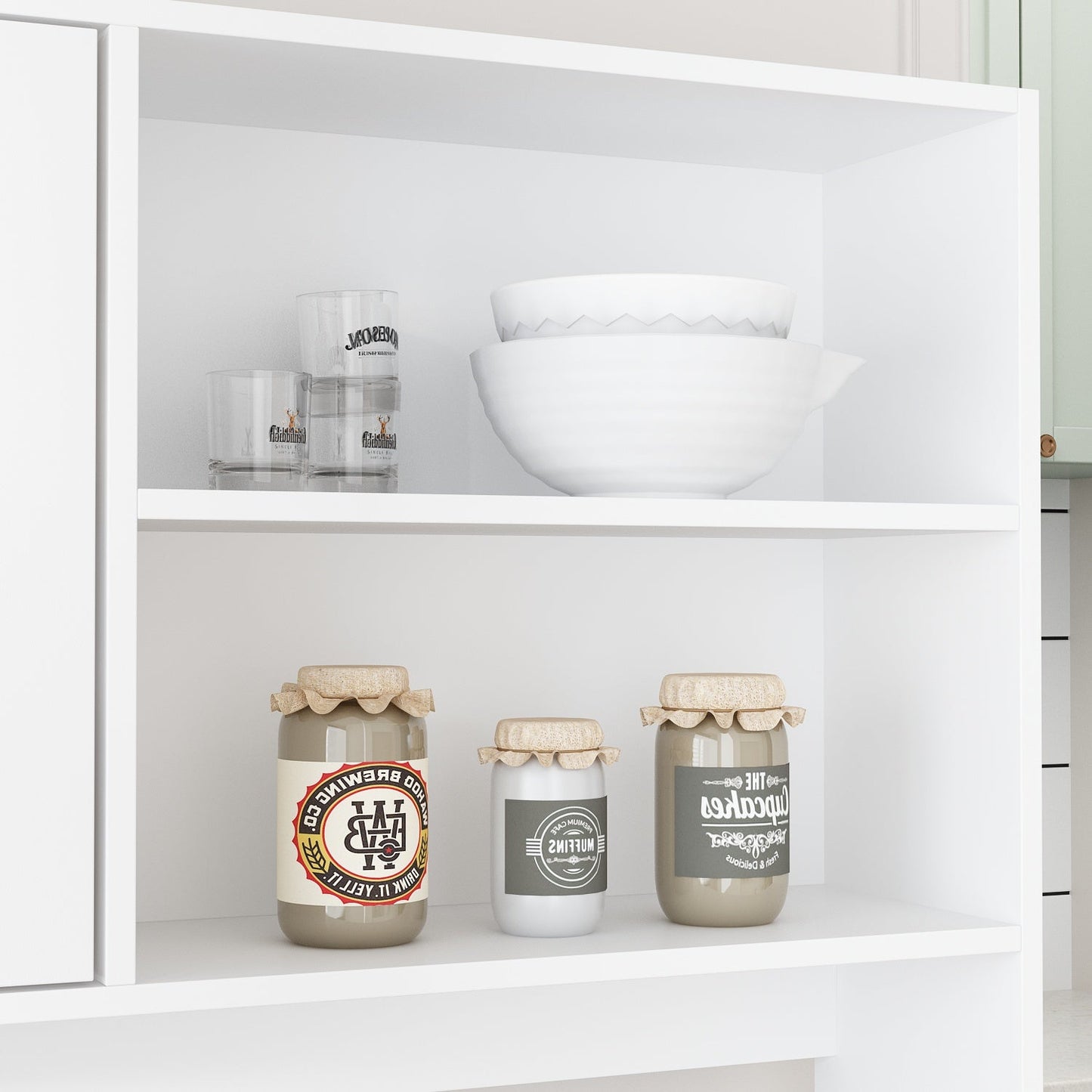 Grand placard de rangement de cuisine 63W avec étagère supérieure, 4 portes, 4 tiroirs et étagère pour micro-ondes 