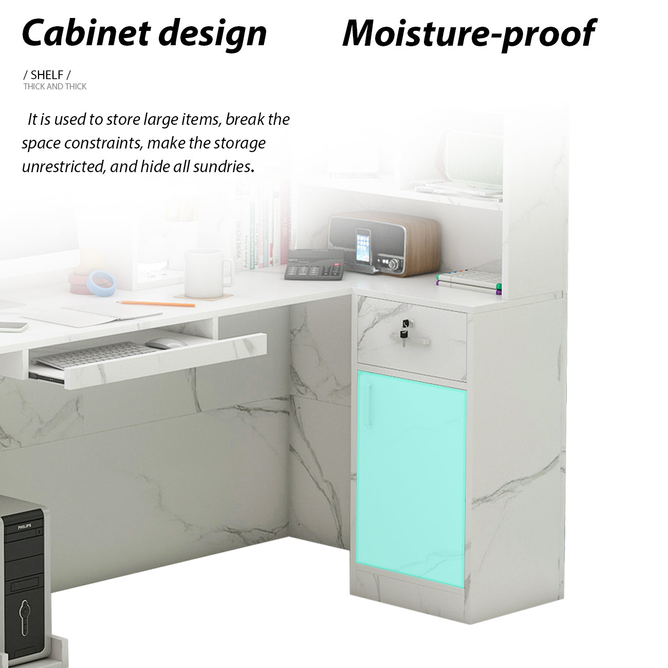 Bureau d'accueil en forme de L avec grands classeurs de rangement 