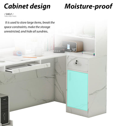 Bureau d'accueil en forme de L avec grands classeurs de rangement 