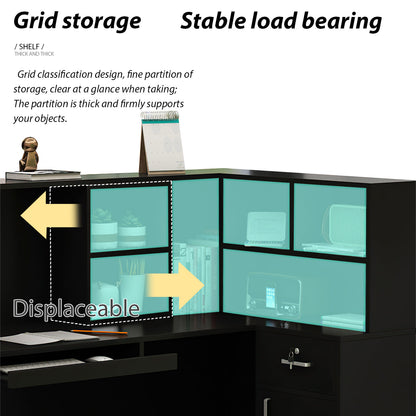 Bureau d'accueil en forme de L avec grands classeurs de rangement 