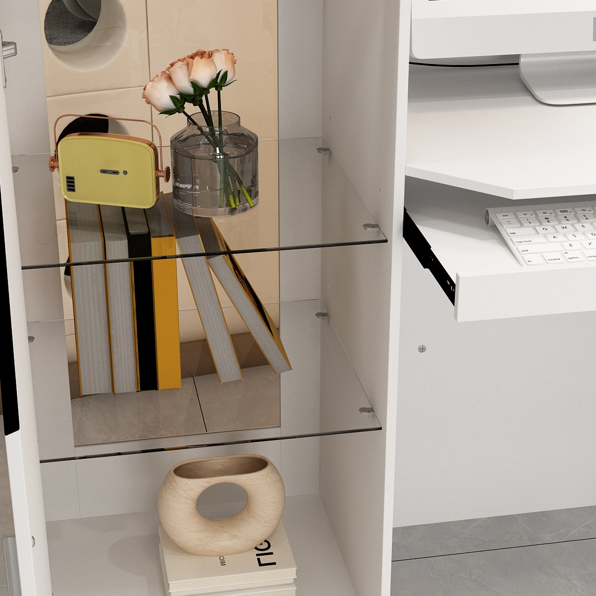 Comptoir d'accueil de 150 cm de large avec vitrines, éclairage LED et verre transparent