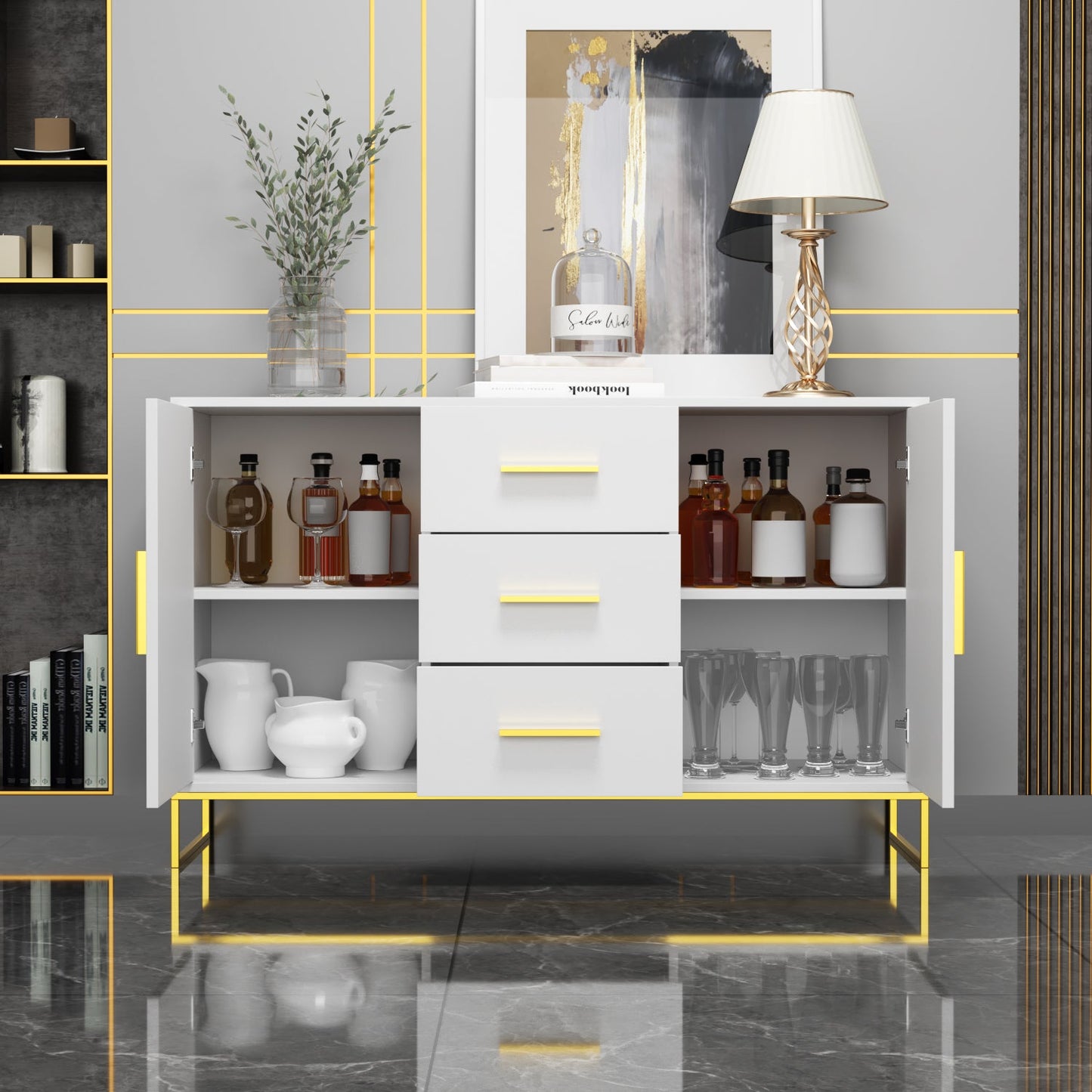 Meuble de rangement à 3 tiroirs et 2 portes, pieds en métal, pour salle à manger et salon