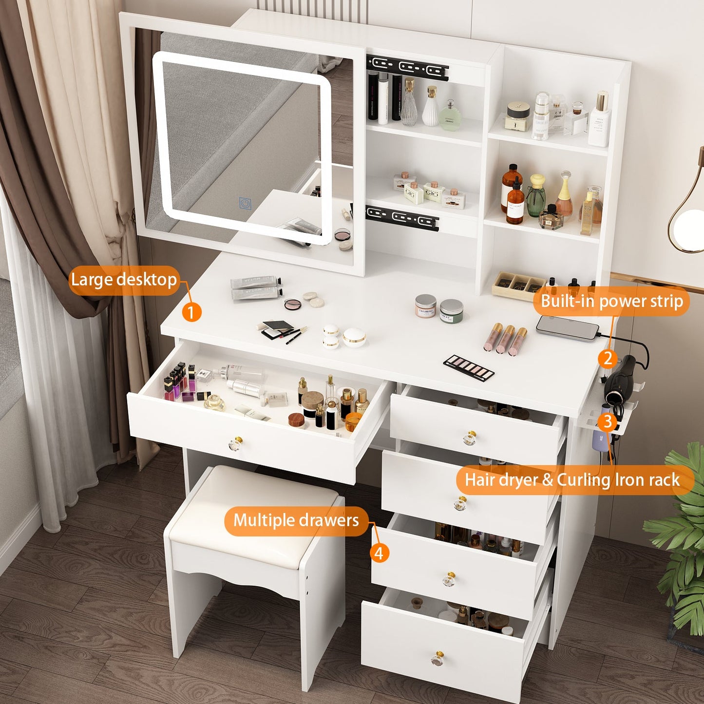 Coiffeuse avec miroir lumineux et prise électrique 