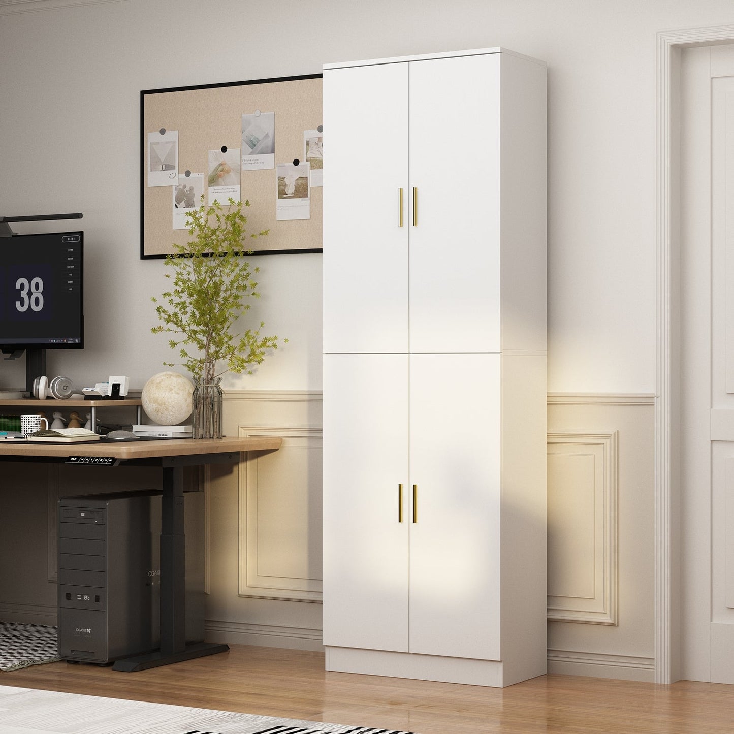 Armoire de rangement blanche à 6 étagères, compartiments réglables et étagère haute