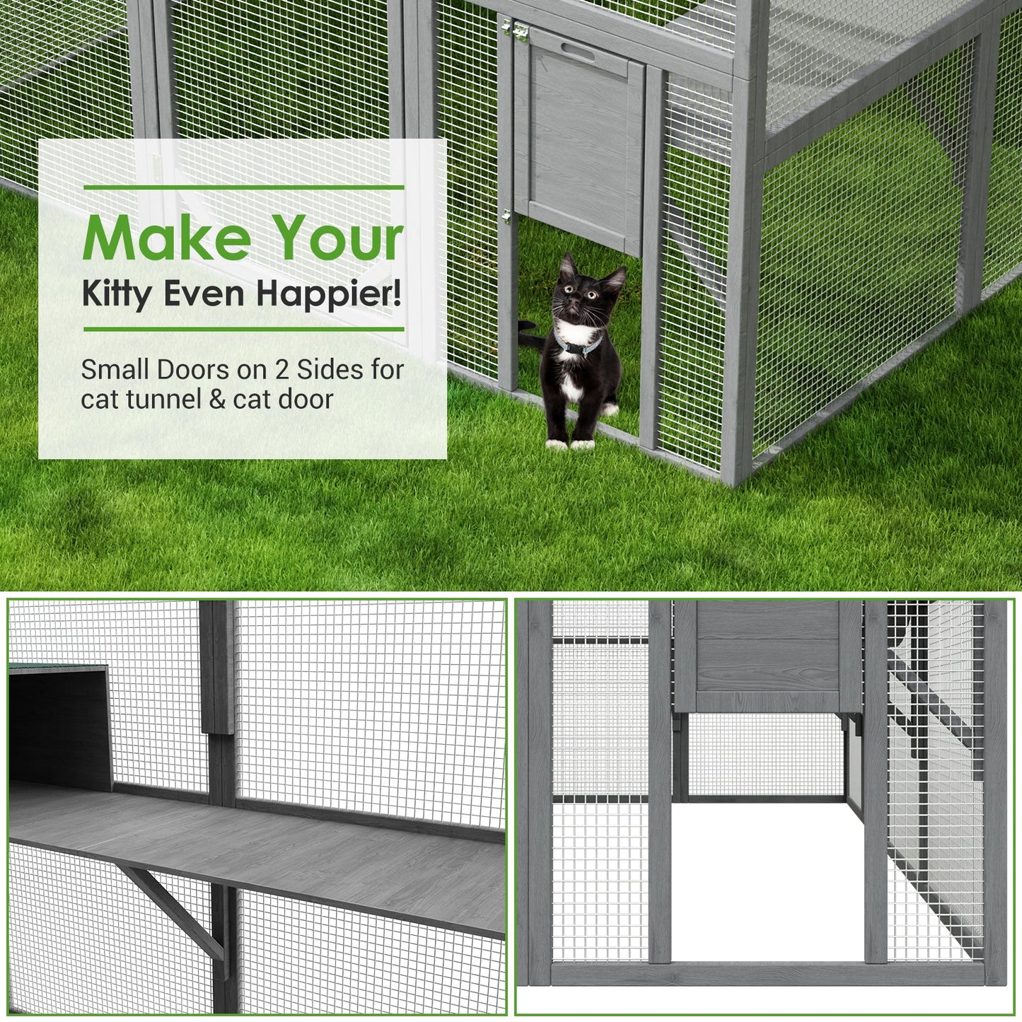 Grand enclos extérieur en bois pour chats, comprenant des niches, des ponts et des allées.