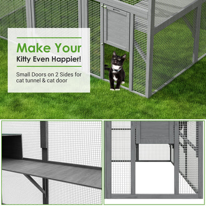 Grand enclos extérieur en bois pour chats, comprenant des niches, des ponts et des allées.