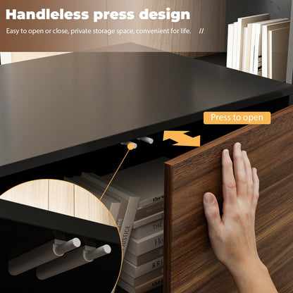 Bureau d'angle en forme de L avec tiroirs, finition bois brun.