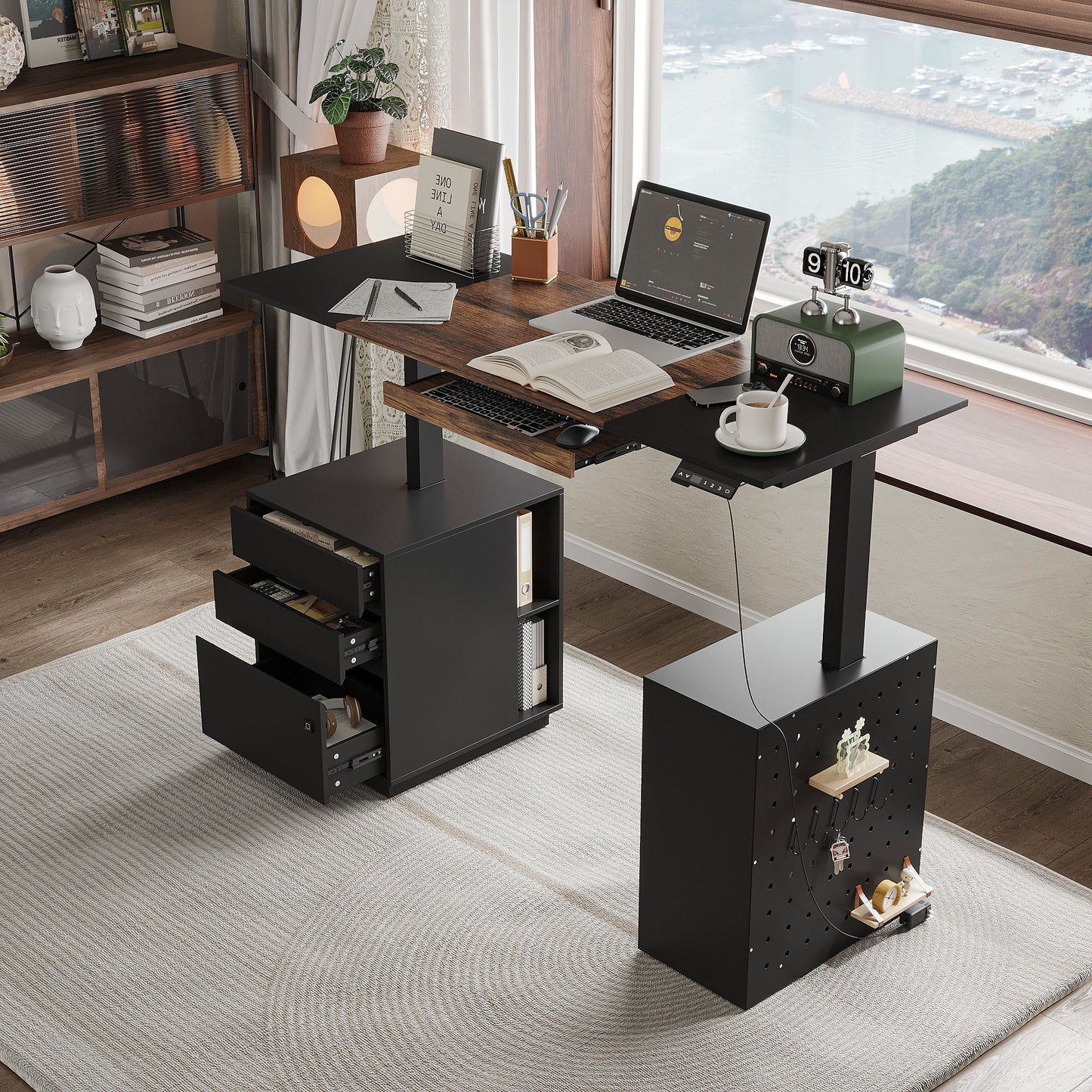 Bureau électrique moderne à hauteur réglable avec deux modules de rangement et un panneau perforé organisateur