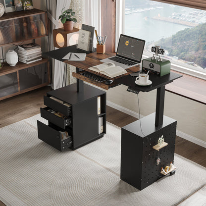 Bureau électrique moderne à hauteur réglable avec deux modules de rangement et un panneau perforé organisateur