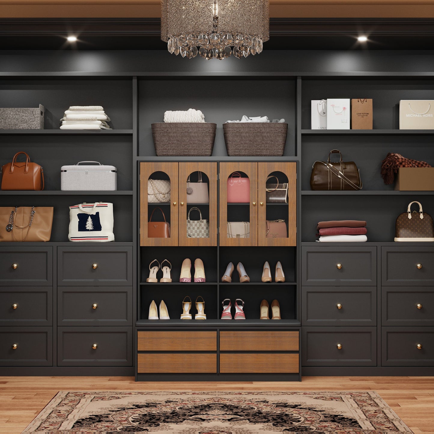 Système de dressing à 4 portes vitrées et 4 tiroirs avec banc de rangement pour chaussures