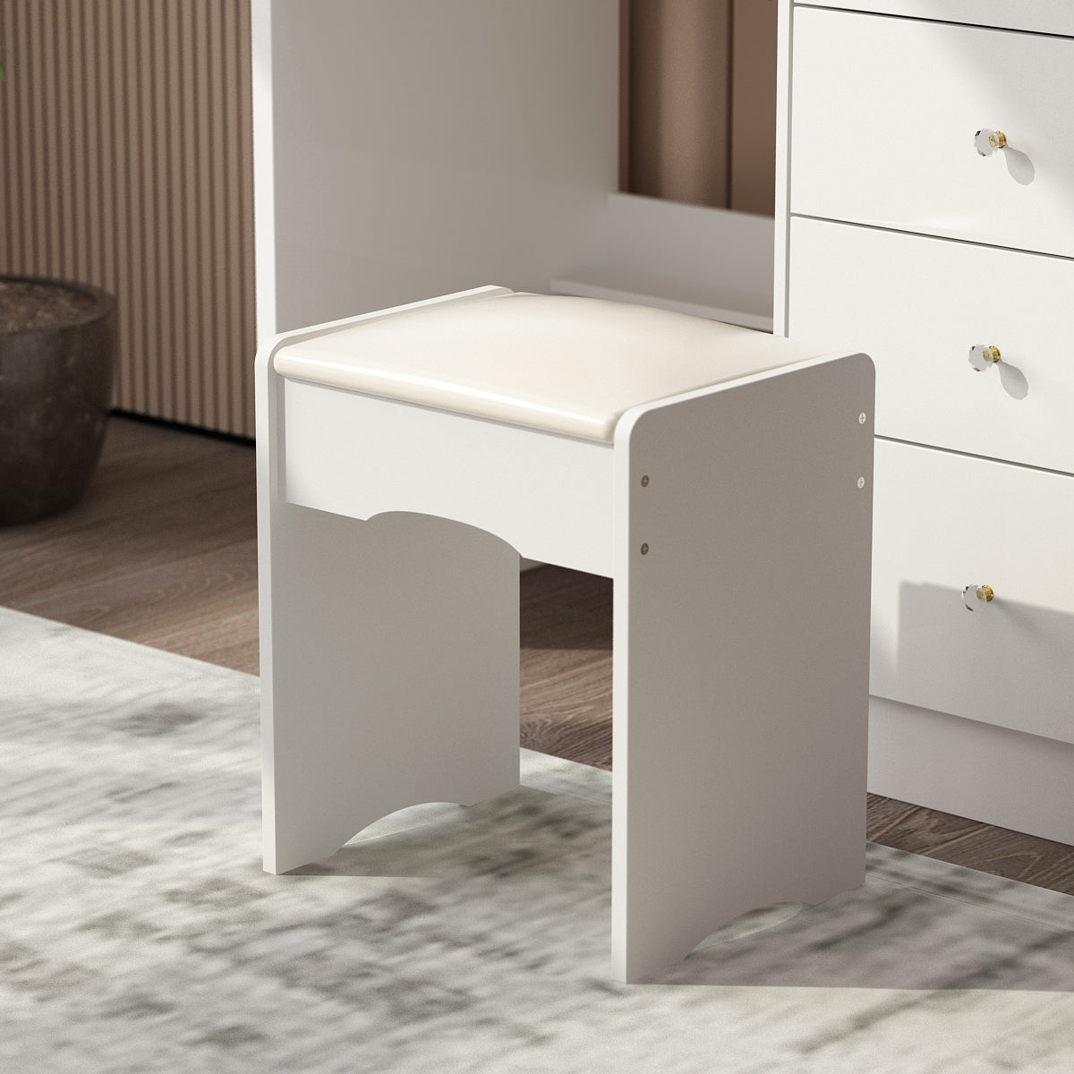 Ensemble coiffeuse avec miroir coulissant éclairé, tabouret rembourré, 5 tiroirs et étagères