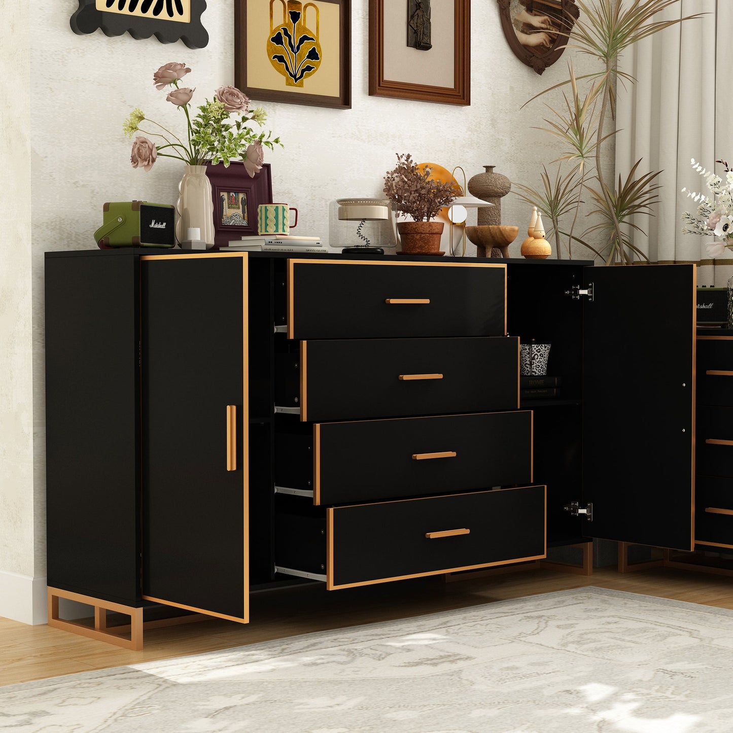 Commode à 2 portes et 4 tiroirs avec étagères réglables