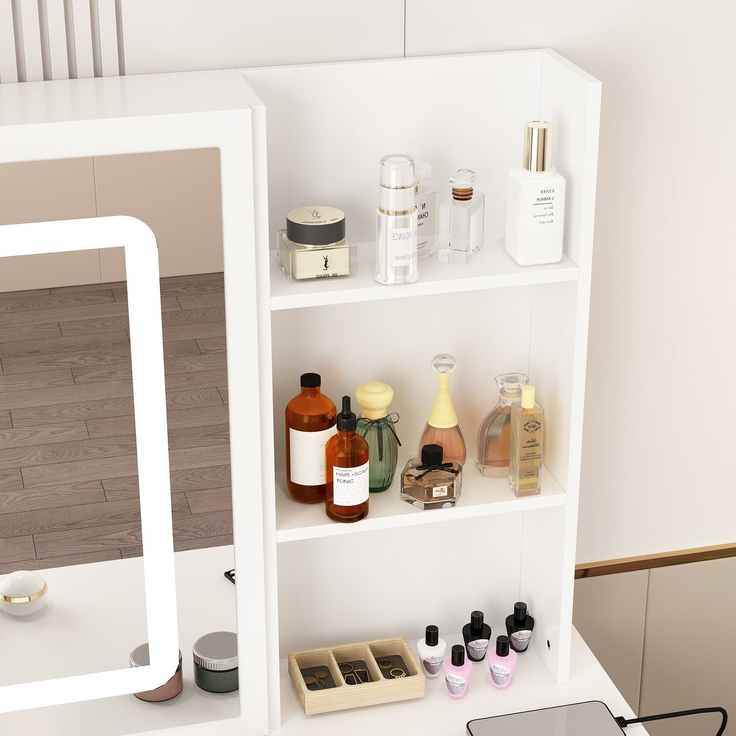 Coiffeuse avec miroir lumineux et prise électrique 