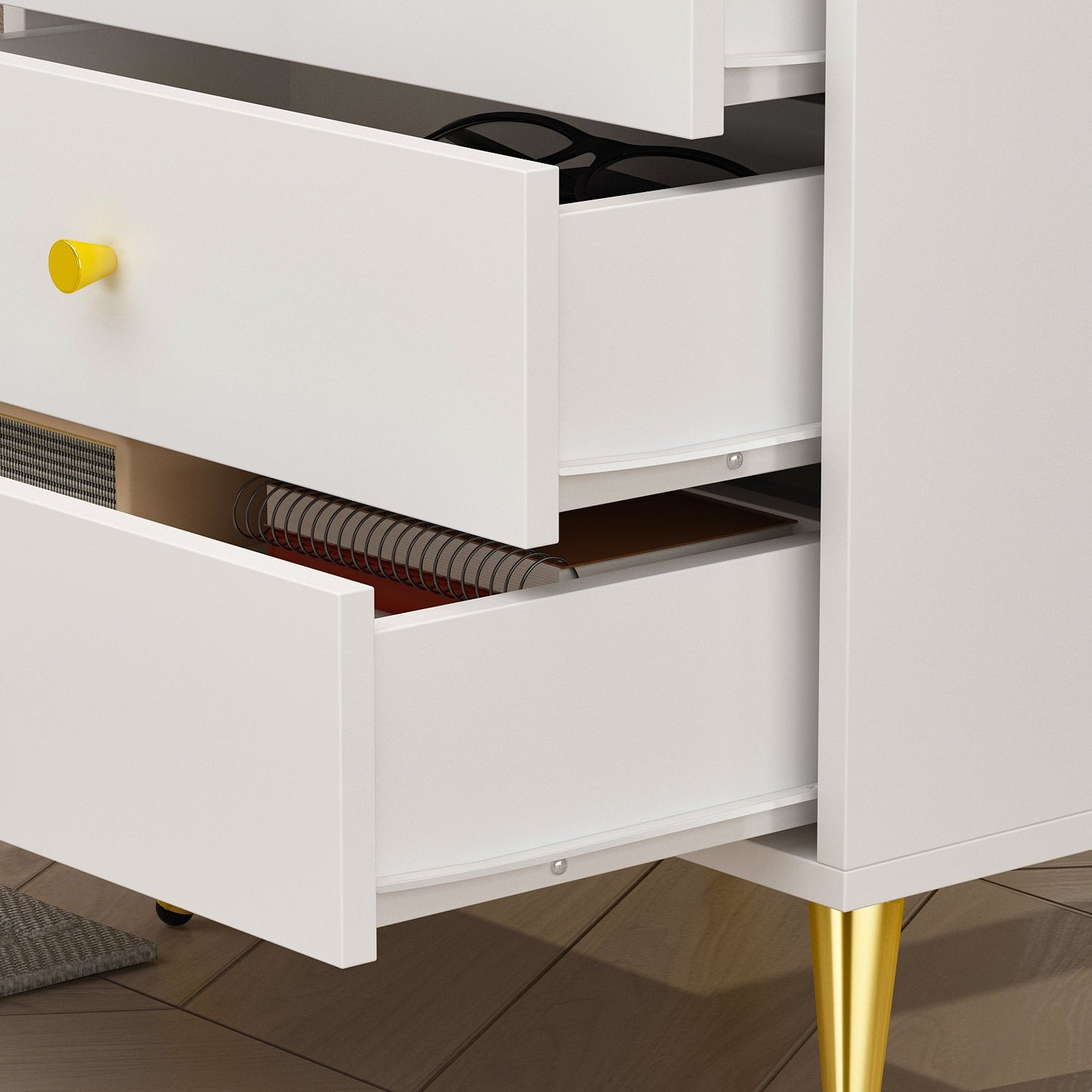 Commode de chevet à 3 tiroirs avec rangement et éléments métalliques