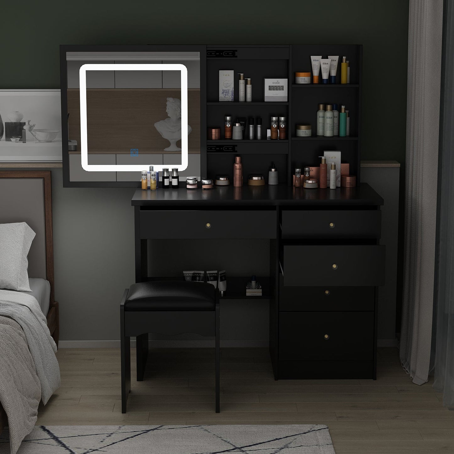 Ensemble coiffeuse avec miroir coulissant éclairé, tabouret rembourré, 5 tiroirs et étagères