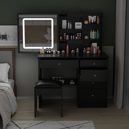 Ensemble coiffeuse avec miroir coulissant éclairé, tabouret rembourré, 5 tiroirs et étagères