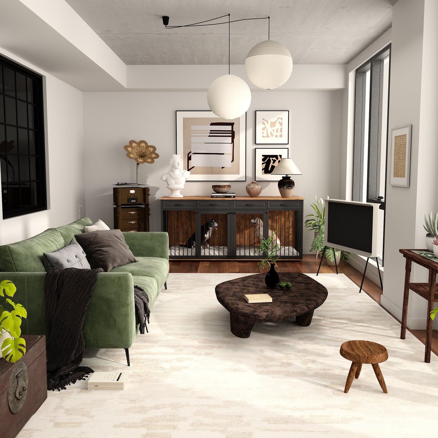 Grand meuble pour cage de chien avec 4 tiroirs et séparateurs