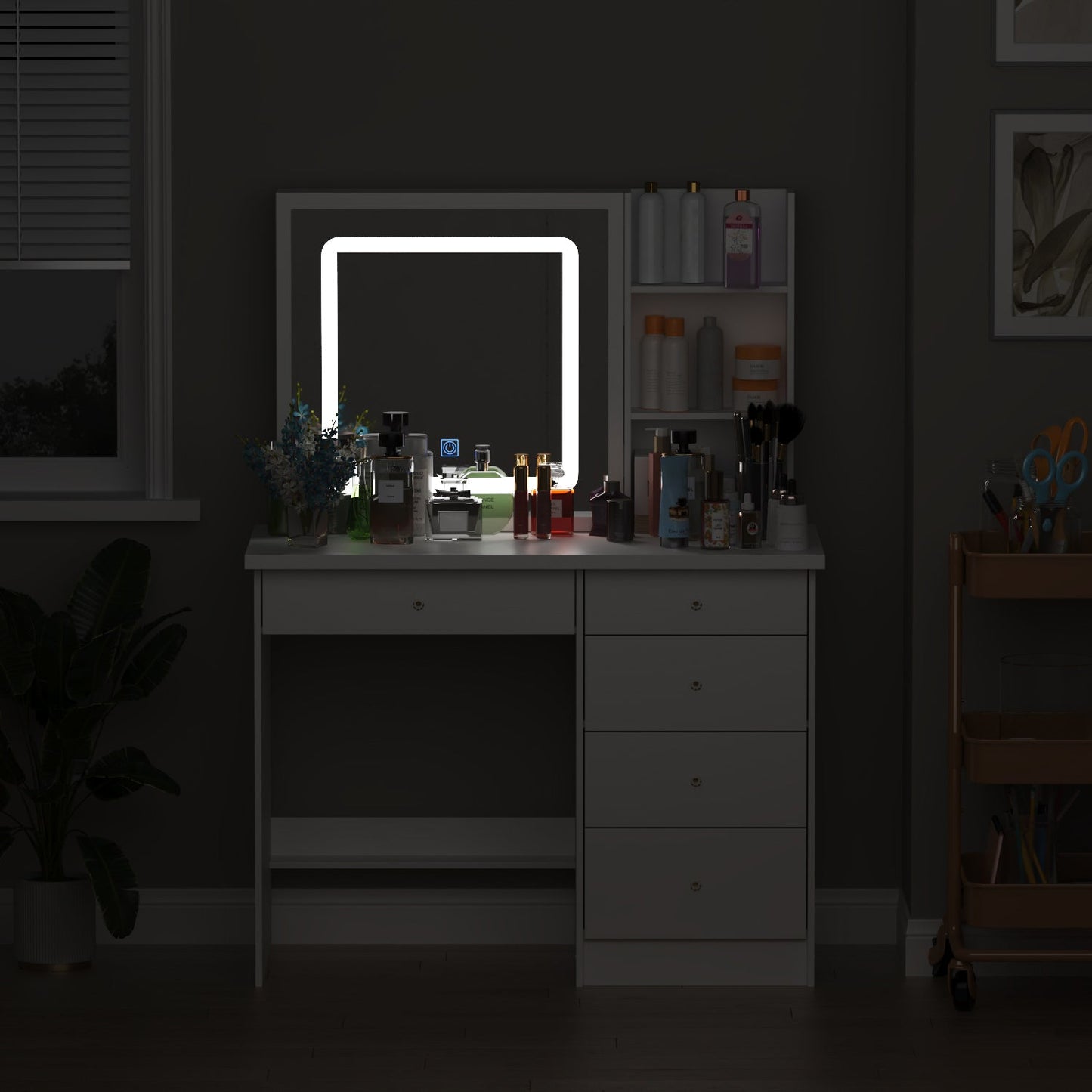 Ensemble coiffeuse avec miroir coulissant éclairé, tabouret rembourré, 5 tiroirs et étagères