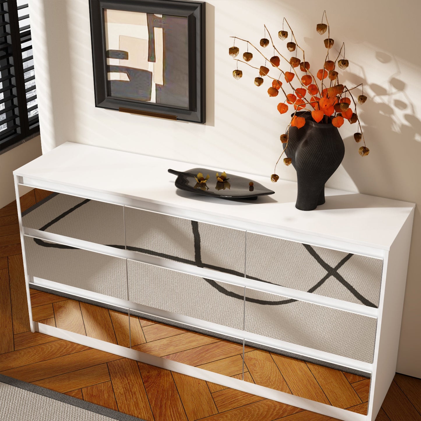 Buffet large à trois tiroirs avec rangement et 9 tiroirs