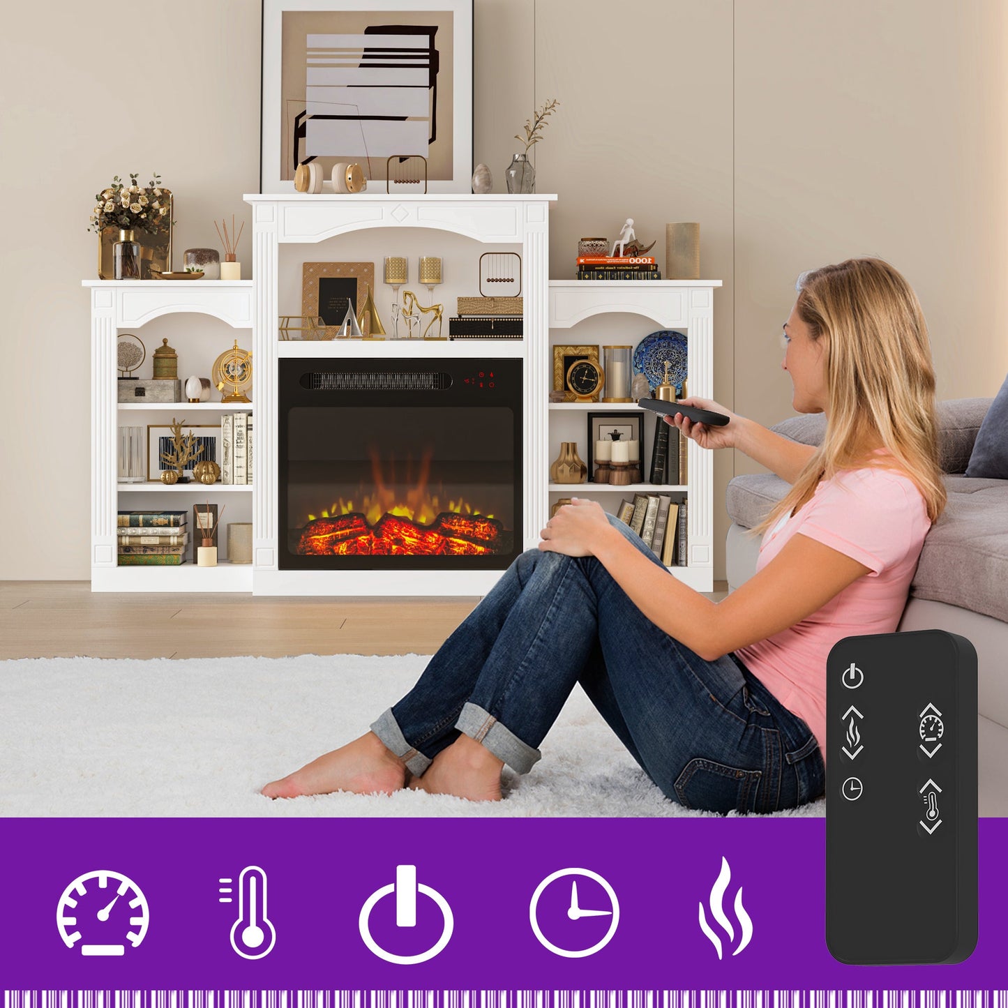 Meuble TV avec cheminée chauffante blanche de 150 cm de large, étagères ouvertes et minuterie