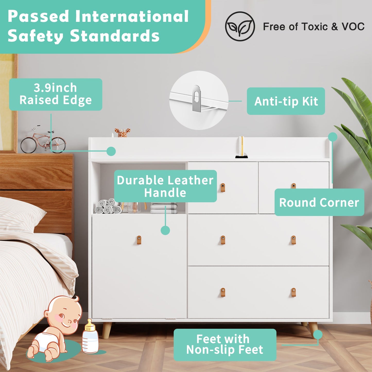Table à langer pour bébé, commode, table de chambre d'enfant, commode à 5 tiroirs avec rangement ouvert