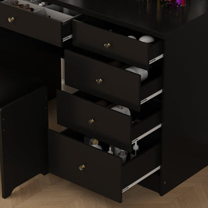 Ensemble coiffeuse avec miroir coulissant éclairé, tabouret rembourré, 5 tiroirs et étagères