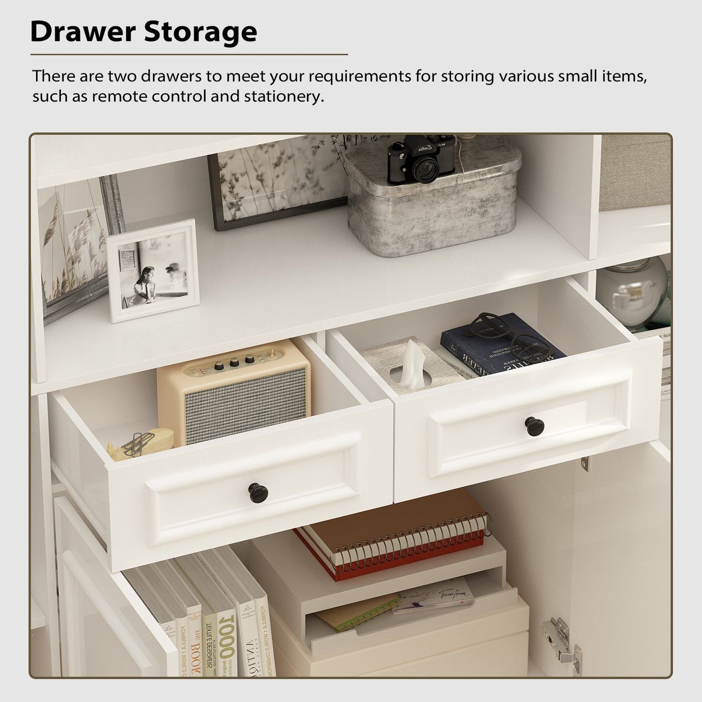 Vitrine d'angle avec étagère de rangement et bibliothèque, combinant 4 portes vitrées et 2 tiroirs