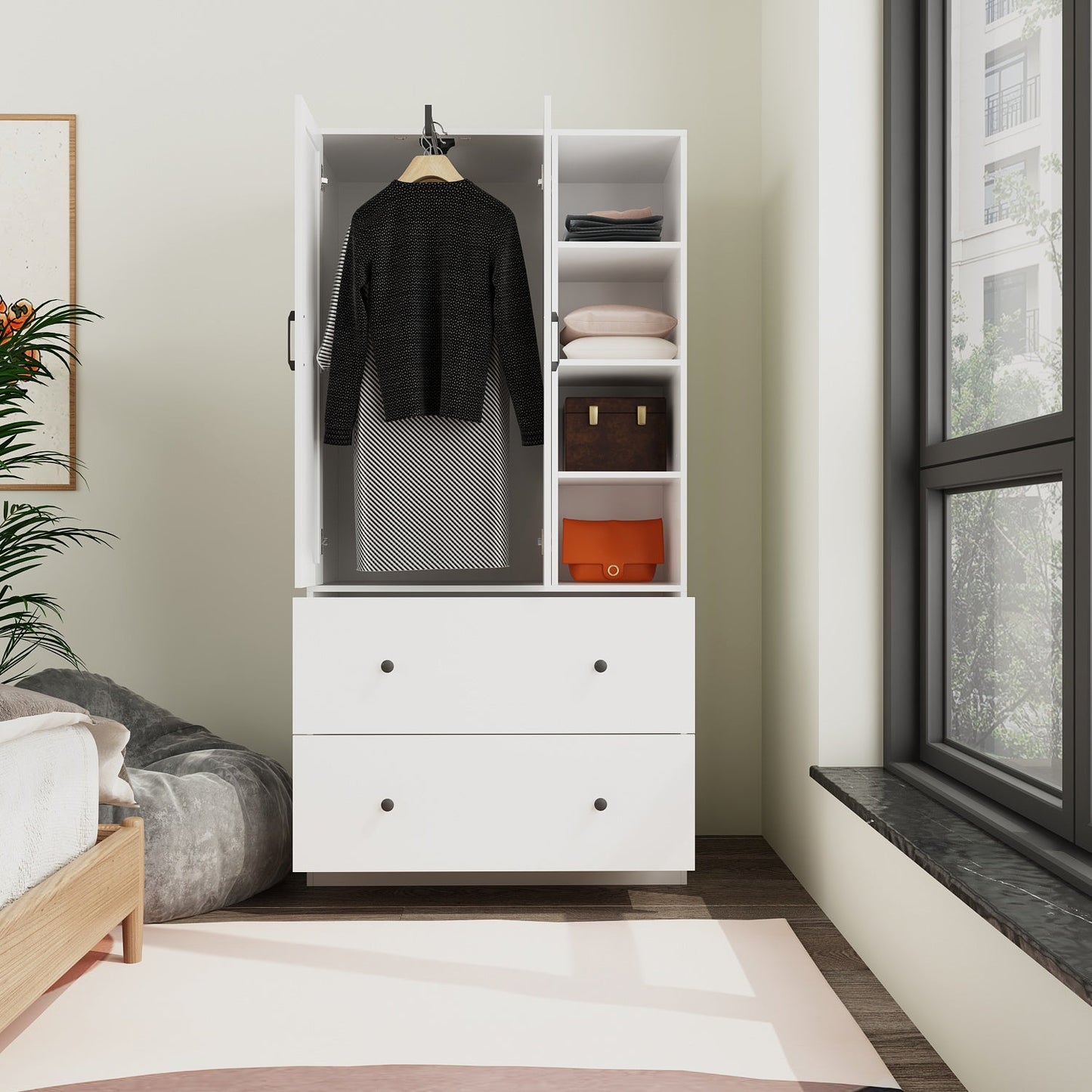Armoire de rangement à 2 portes, 2 tiroirs et 1 miroir pour chambre à coucher
