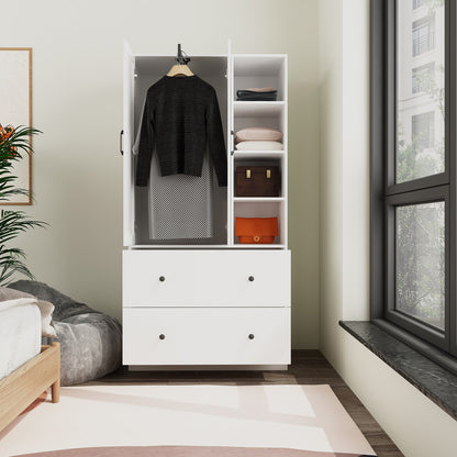 Armoire de rangement à 2 portes, 2 tiroirs et 1 miroir pour chambre à coucher