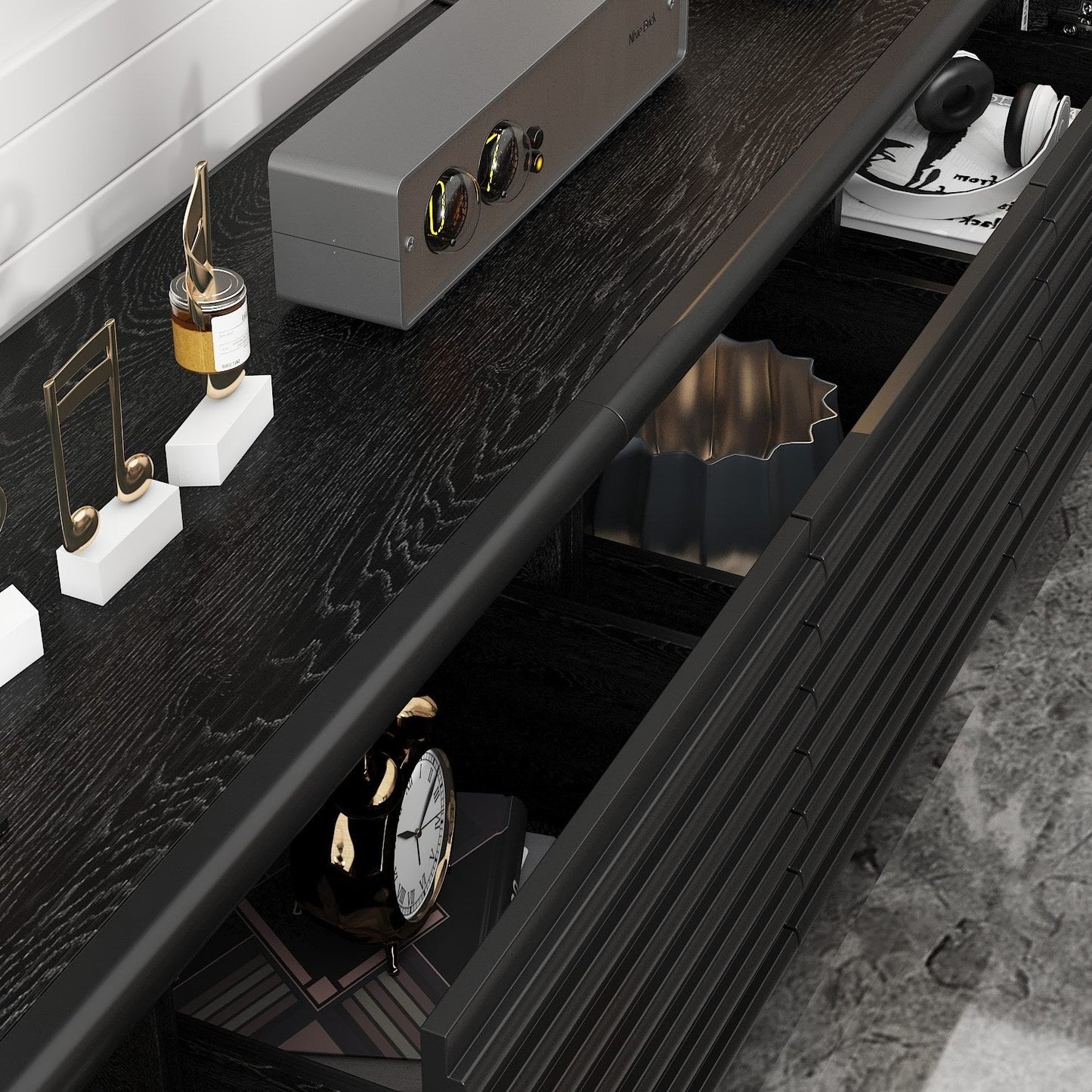 Meuble TV/console multimédia à 3 tiroirs et 2 placards, 78,5 po de largeur