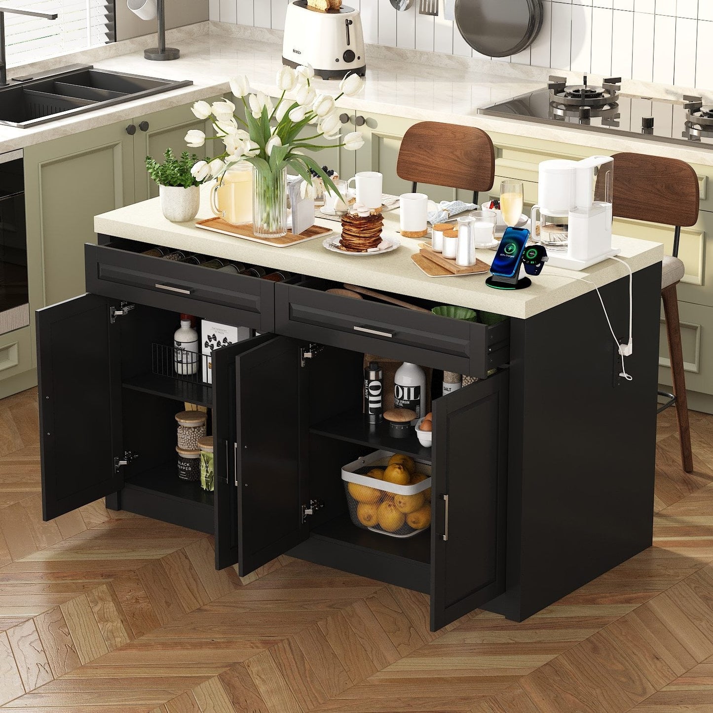 Îlot de cuisine de 61 po de largeur avec 2 tiroirs et 4 portes