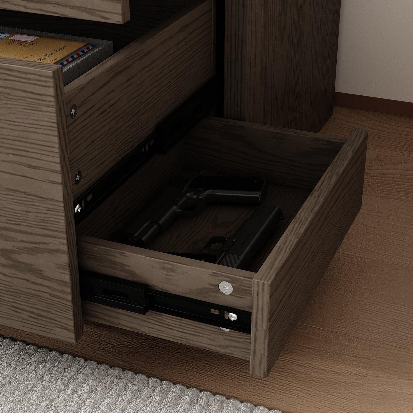 Table de chevet à 3 tiroirs avec compartiment caché