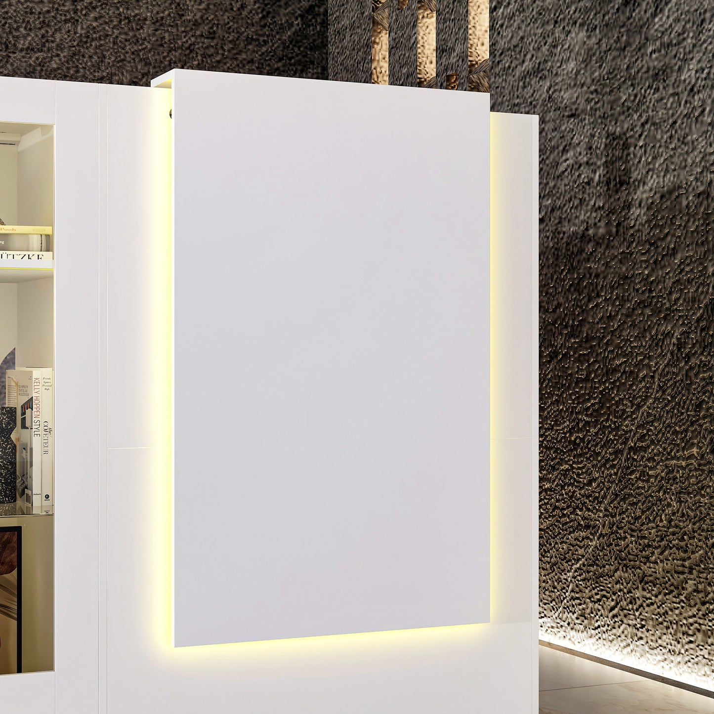 Comptoir d'accueil moderne à éclairage LED avec étagères ouvertes et compartiments de rangement