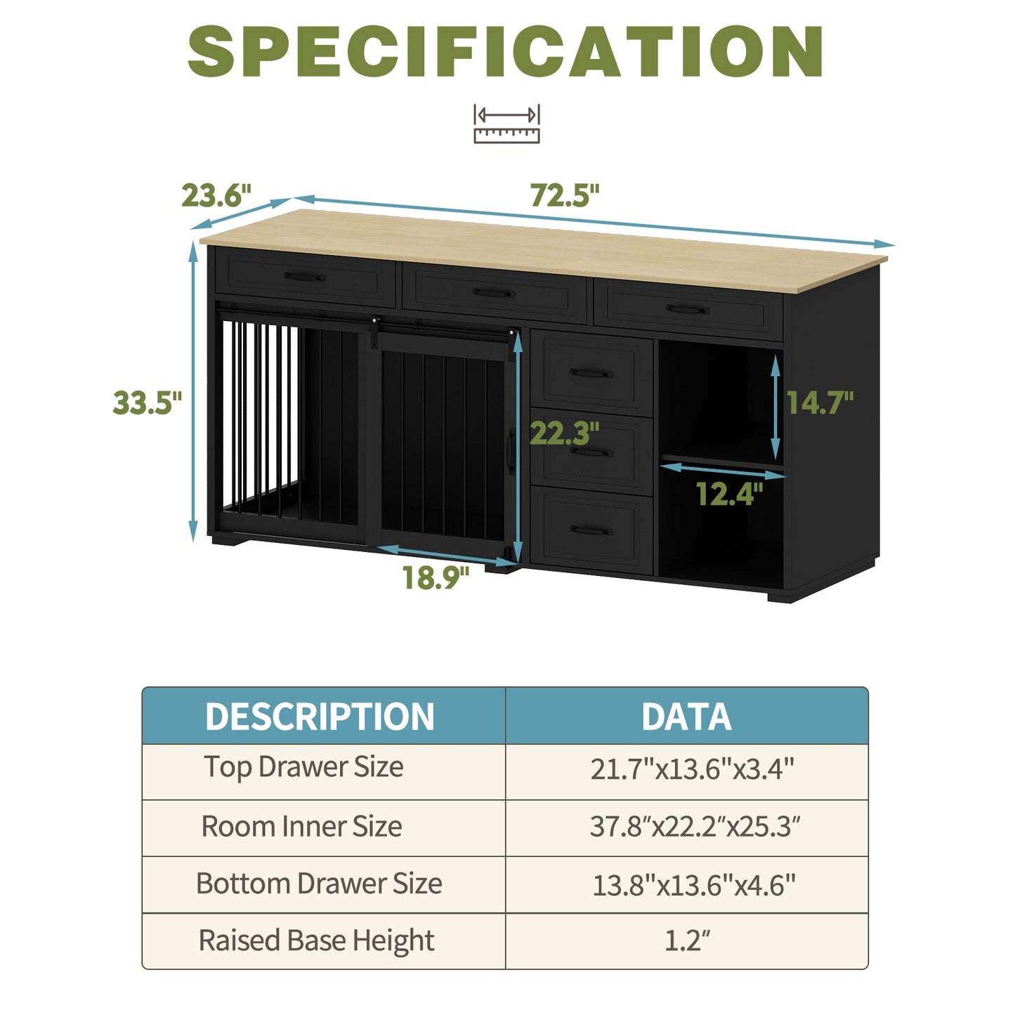 Cage pour chien à 6 tiroirs et 2 compartiments avec porte de style grange
