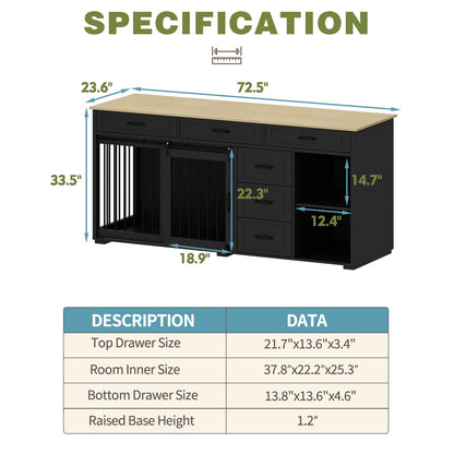 Cage pour chien à 6 tiroirs et 2 compartiments avec porte de style grange