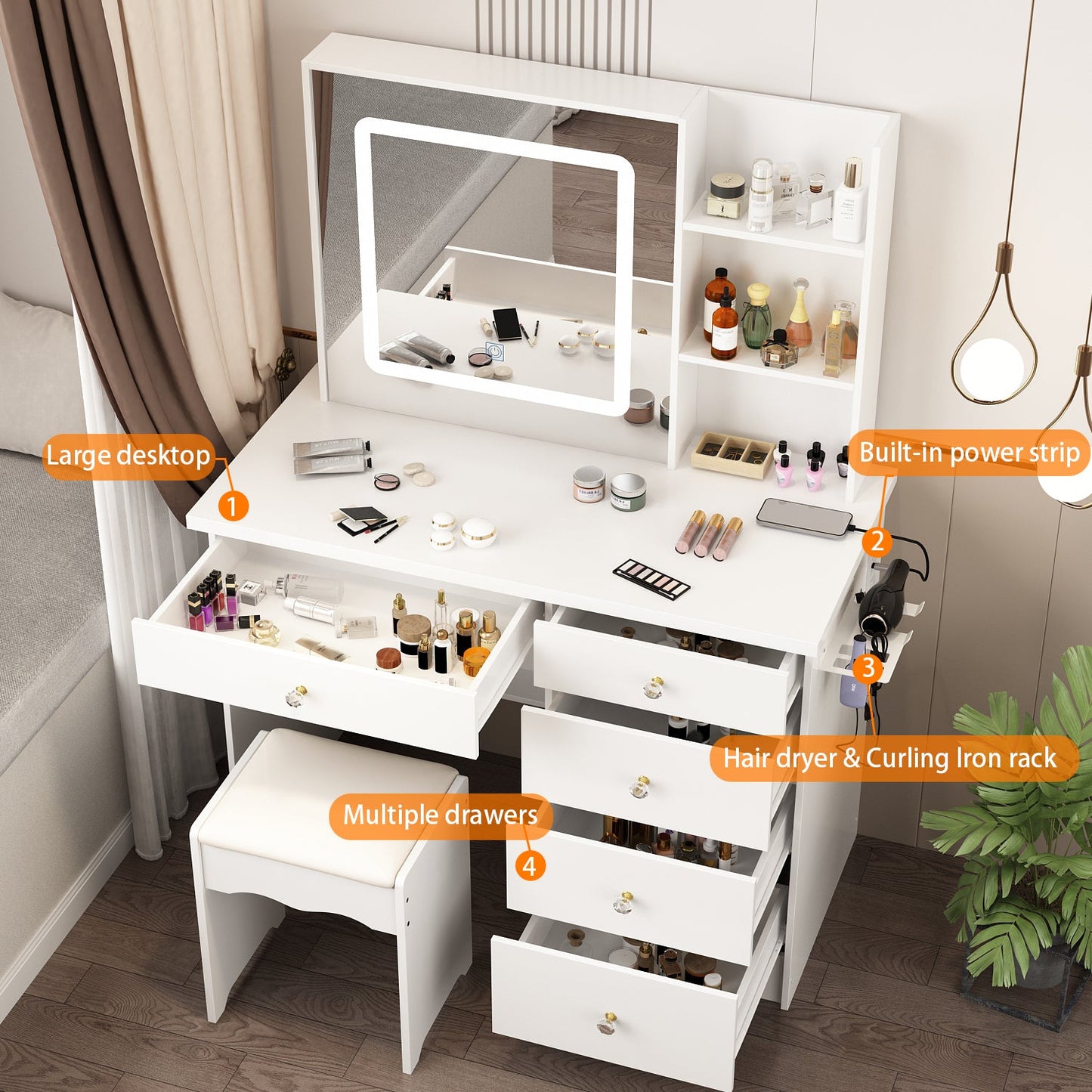 Coiffeuse avec miroir lumineux et prise électrique 