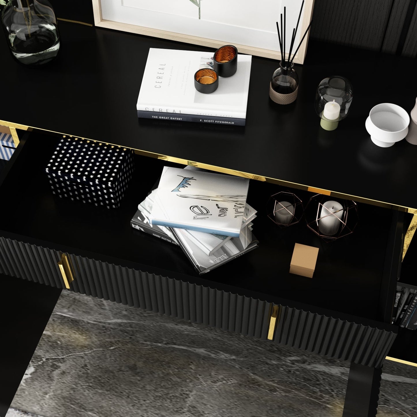 Buffet large noir avec tiroir et portes escamotables