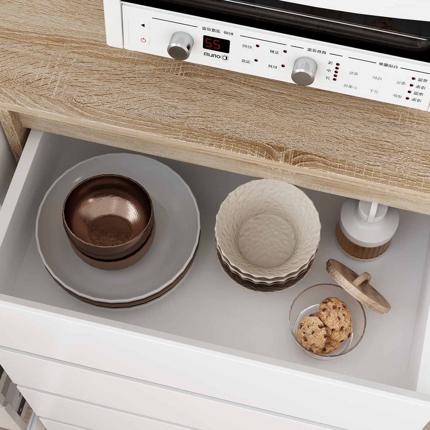 Grand placard de rangement de cuisine 63W avec étagère supérieure, 4 portes, 4 tiroirs et étagère pour micro-ondes 