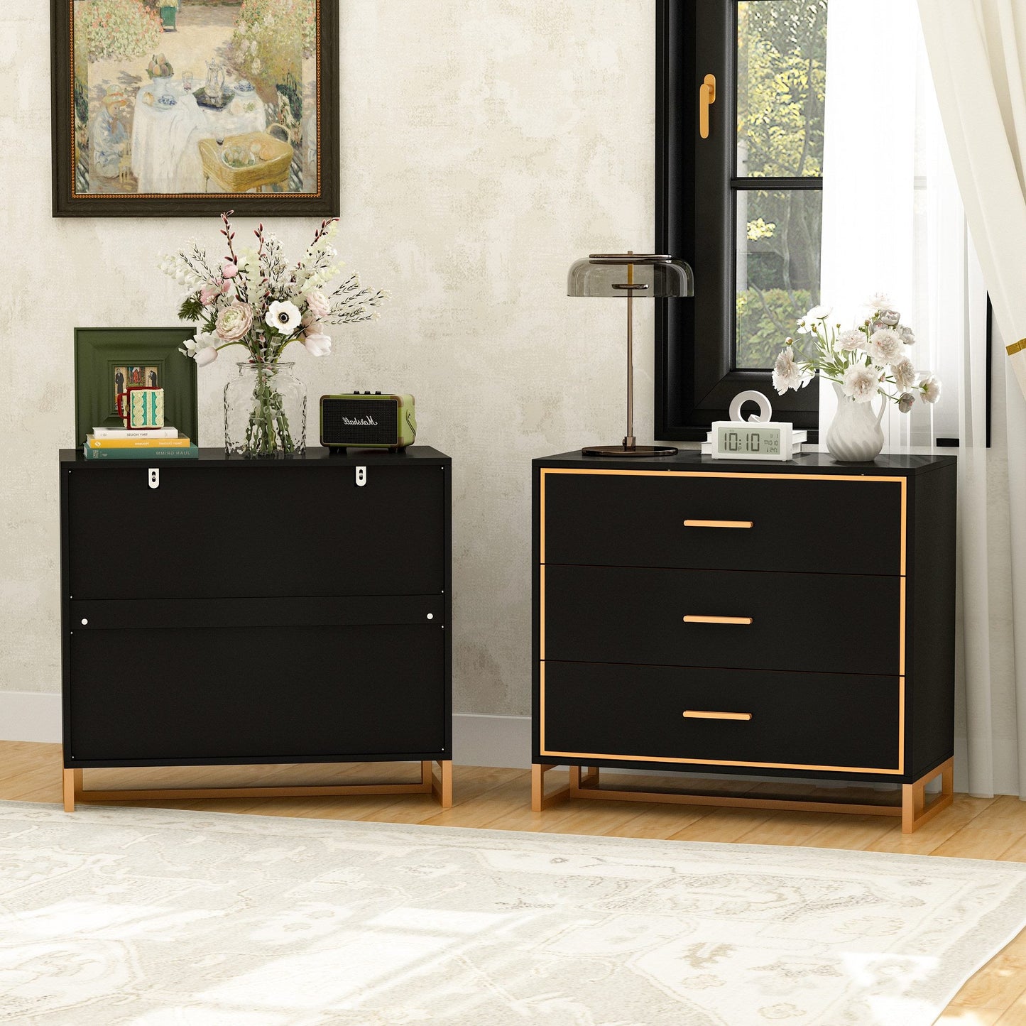 Table de chevet à 3 tiroirs avec pieds en métal