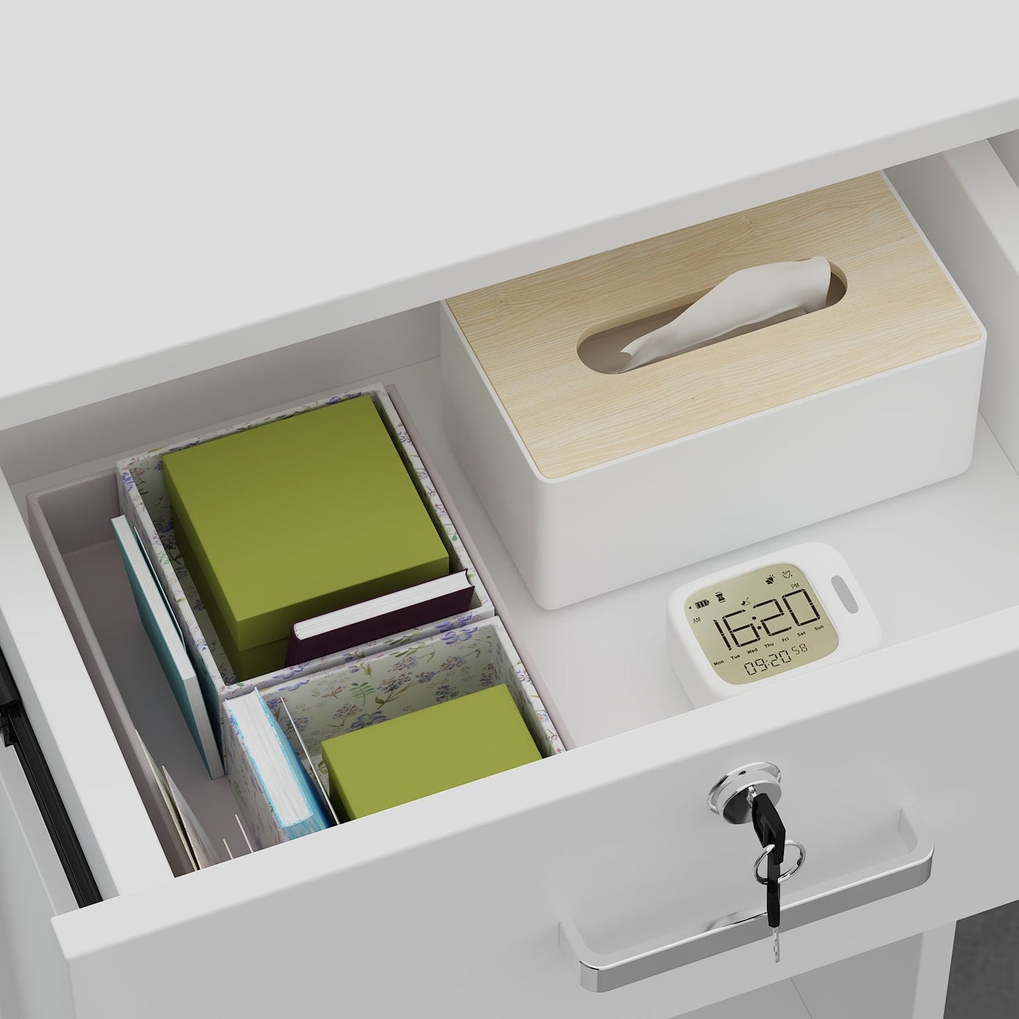 Bureau d'accueil avec comptoir, tiroir verrouillable et étagère