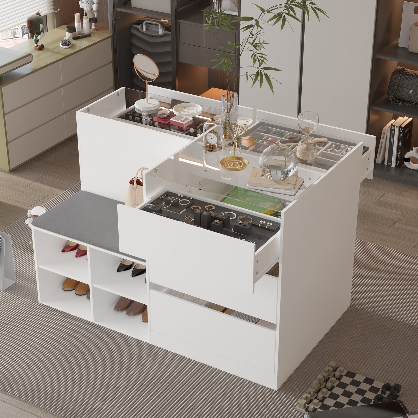 Commode à 9 tiroirs et 4 étagères avec plateau et banquette confortable