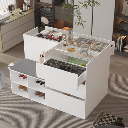 Commode à 9 tiroirs et 4 étagères avec plateau et banquette confortable