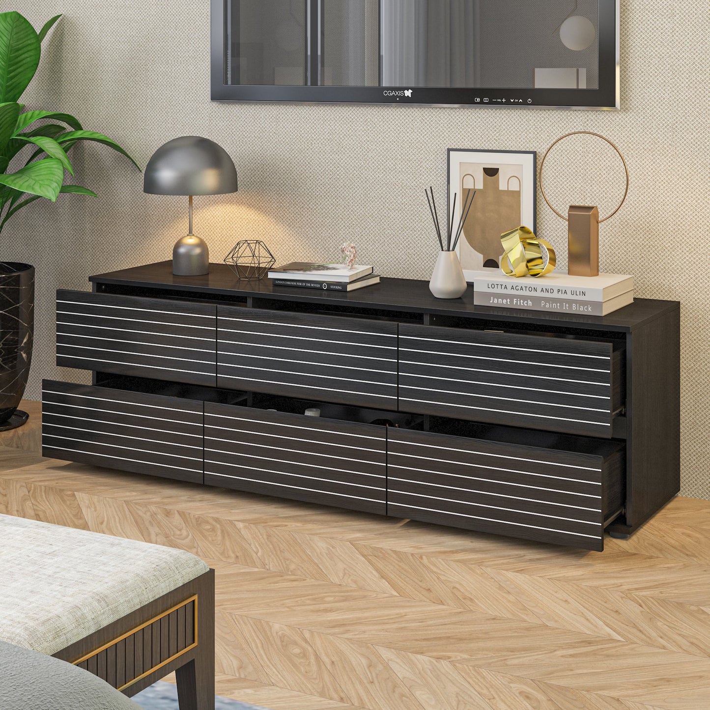 Commode moderne à 6 tiroirs, style minimaliste et contemporain, idéale pour la chambre ou le salon.